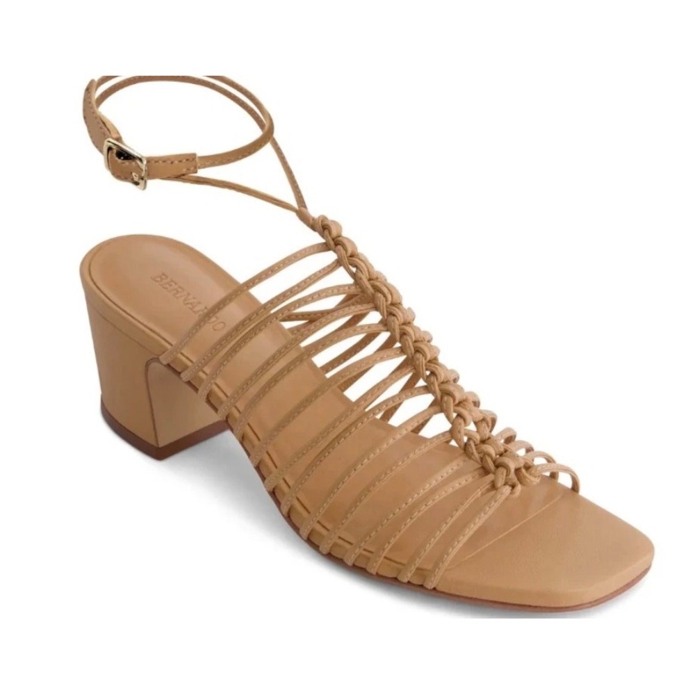 Bernardo Hisa Sandal Beige Leather Knotted Caged Block Heel Square Toe Size 6.5